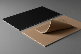 A precision still life focused on finish and restraint. Two material swatches only: one matte black, one warm beige brown, both with clean cut edges. A single folded corner reveals layered thickness and craft. Everything aligned to a grid. Soft grazing light that shows texture and edge quality. No tools, no markings.