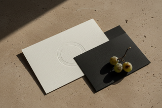 A quiet still life on a warm beige stone surface. A thick off white textured card partly slipped from a matte black sleeve. A faint emboss impression is visible only through shadow and texture. One small grape stem rests nearby, subtle and imperfect, suggesting a moment that has already happened. Soft diffused light. No readable text.