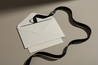 A restrained reveal moment. A hand is not shown, only the result. A ribbon pull tab emerging from an off white envelope, with a black satin ribbon trailing softly. A second card peeks beneath, edges aligned. The scene suggests anticipation without showing a product.